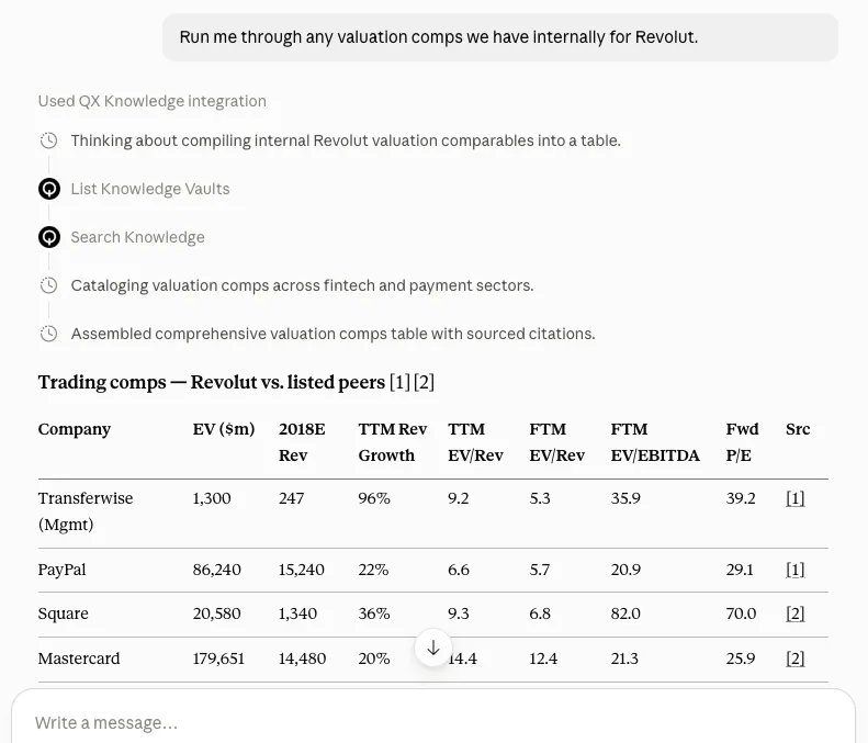 Claude Desktop answering a query about internal valuation comps for Revolut, using QX Knowledge search and returning a cited table