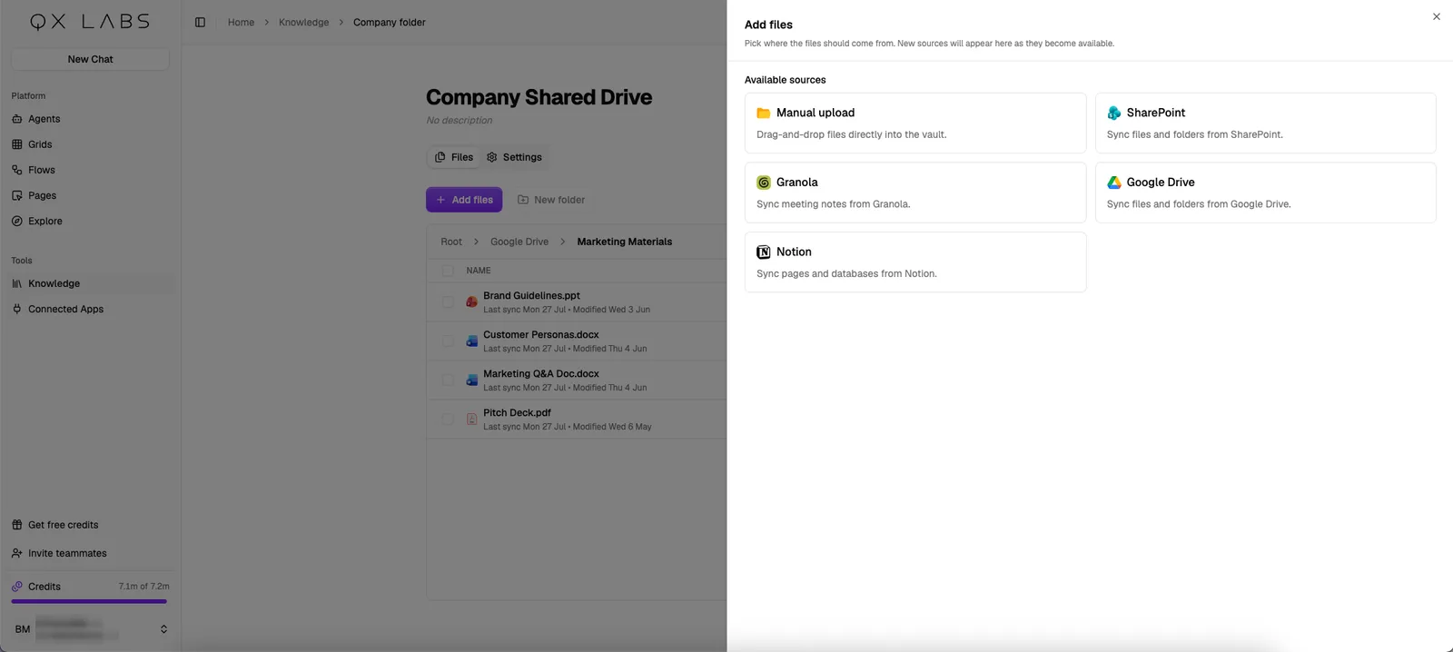 The Add files panel in a QX vault, with SharePoint, Google Drive, Notion, Granola, and manual upload as sources