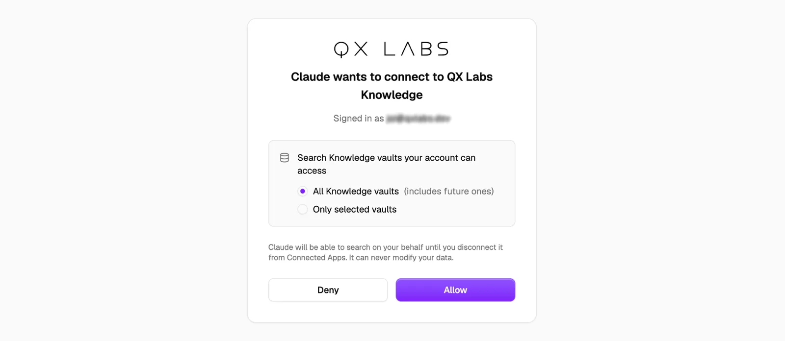 The QX Labs consent screen asking whether Claude may search all Knowledge vaults or only selected ones