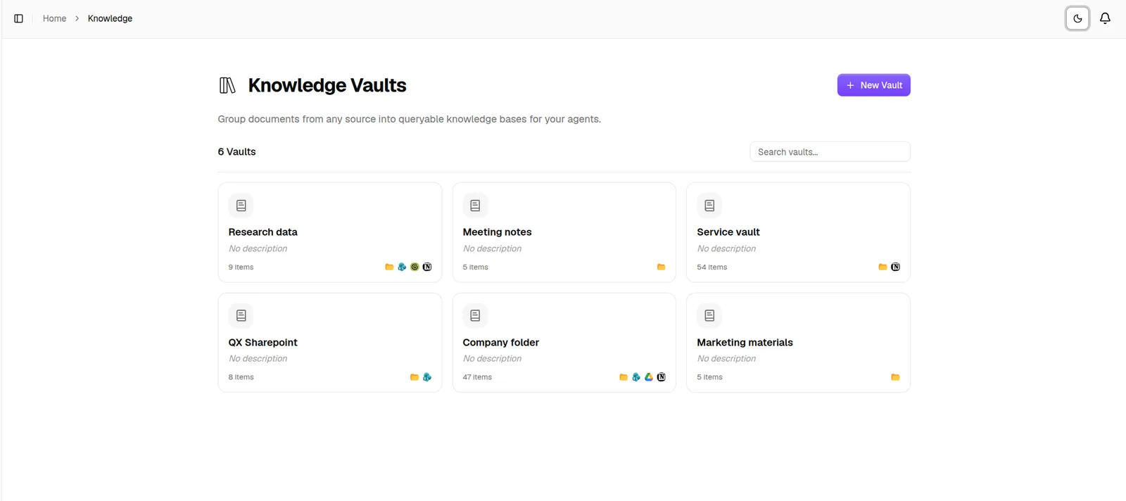 The Knowledge Vaults page in QX Labs, showing six vaults including research data, meeting notes, and a SharePoint vault